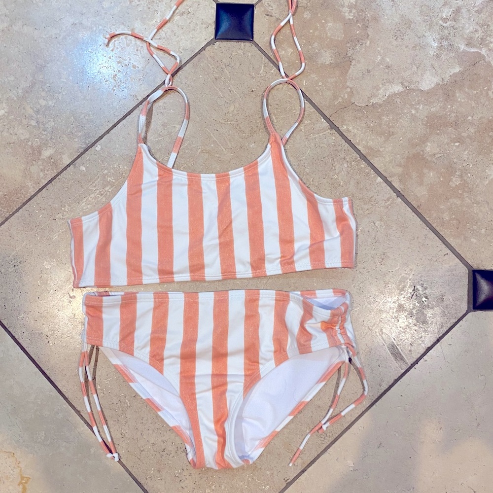 pink and white striped kids bikini